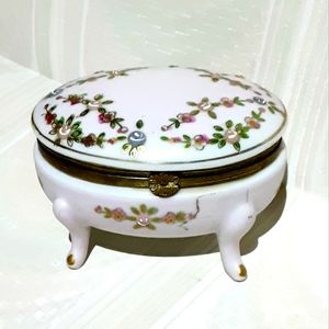 Vintage Porcelain Gold Hand Painted Floral Footed Trinket Jewelry Box